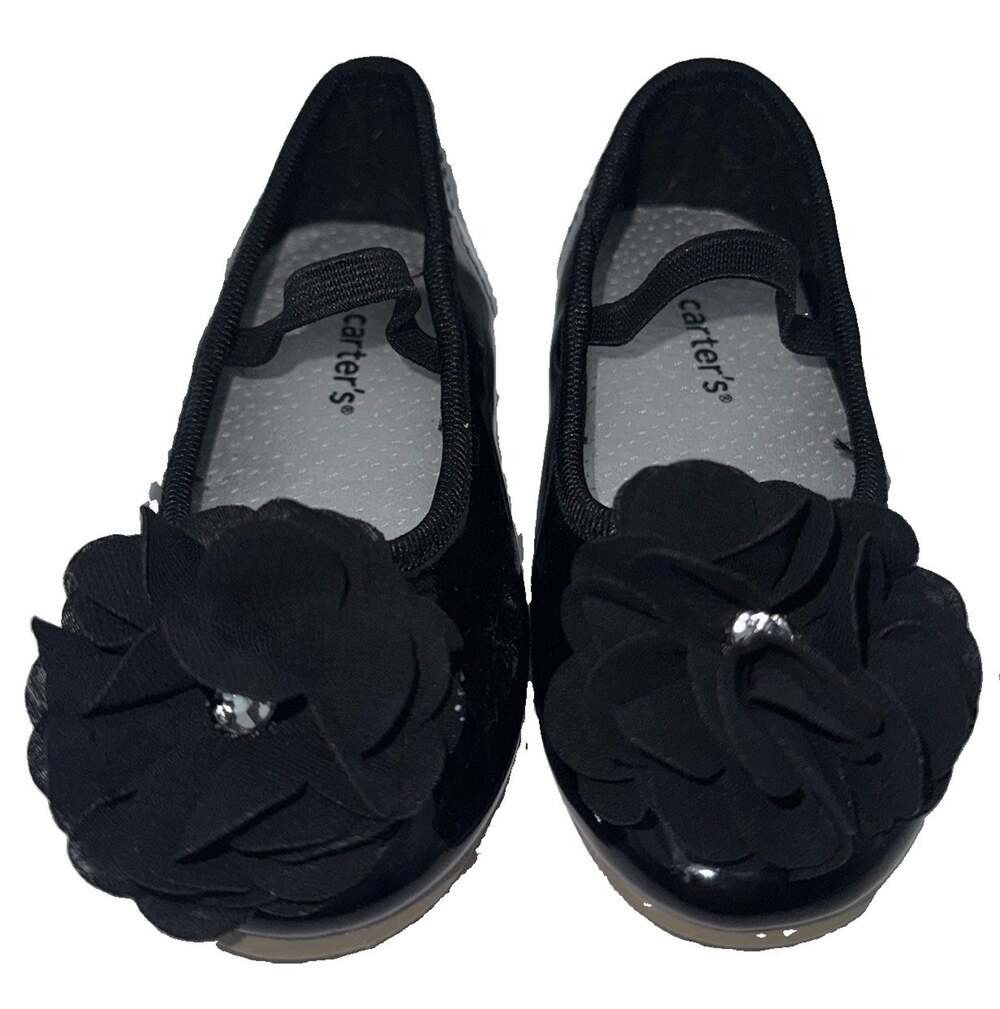 Carter’s Penelope Girls Black Patent Mary Jane Flats Size 8 Flower Dress Shoes